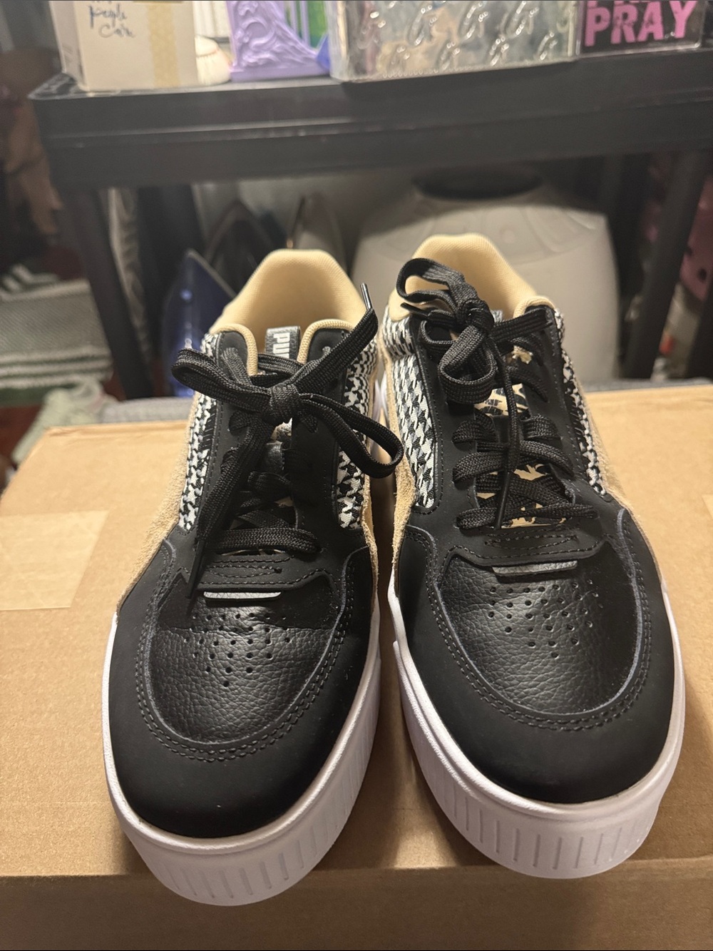 Puma Black and White Low-Top Sneakers with Houndstooth Accent